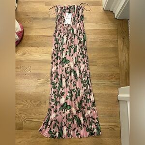 Zara Pink Floral Midi Dress with Green Leaf Print